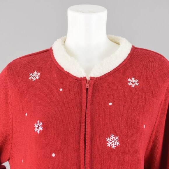 Vintage Christmas Cardigan with Fur Collar, Snowmen &  Snowflakes, Women's XL - Picture 2 of 10